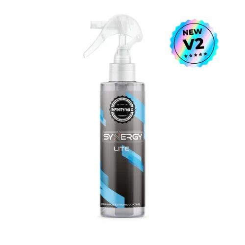 Infinity Wax Synergy Lite spray bottle with new V2 badge and colorful design accents.