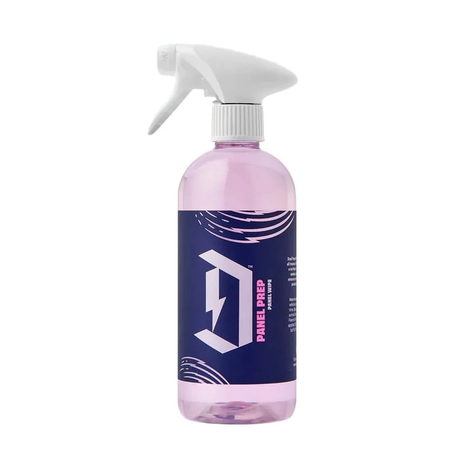 Spray bottle with purple liquid and dark blue label with white graphics and text.