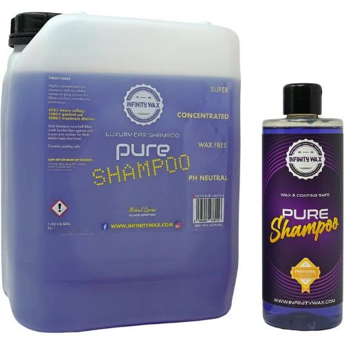 Infinity Wax Pure Shampoo containers in large and small sizes with purple liquid.