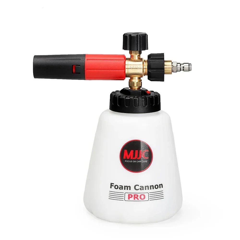 MJJC Foam Cannon Pro with red and black nozzle on a white container.