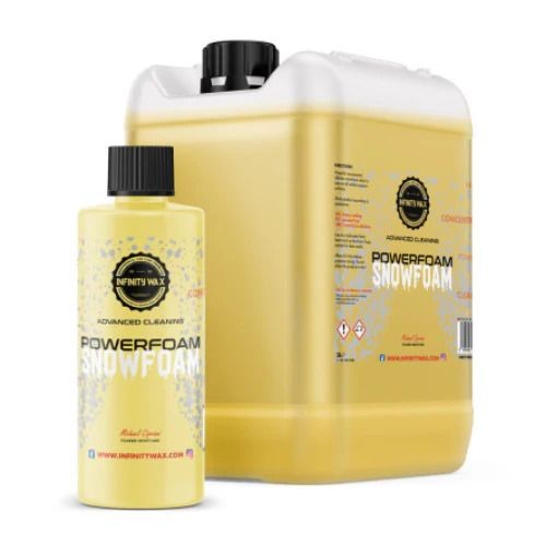 Bottles of Infinity Wax Powerfoam Snowfoam car cleaning product in yellow containers.