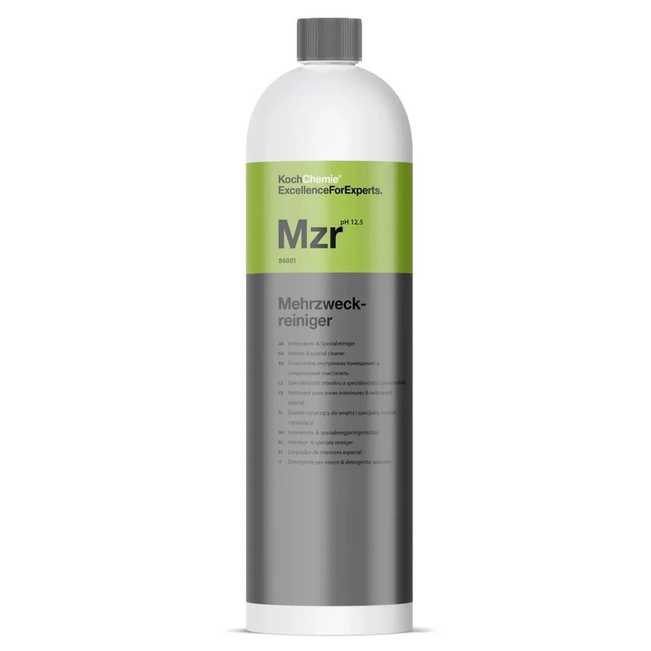 Bottle of Koch Chemie Mzr multipurpose cleaner with green and gray label.