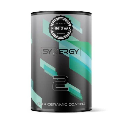 Container of Infinity Wax Synergy 2 Year Ceramic Coating with green and gray design.