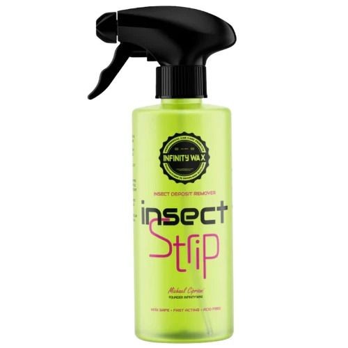 Green spray bottle of Infinity Wax Insect Strip insect deposit remover with black nozzle.