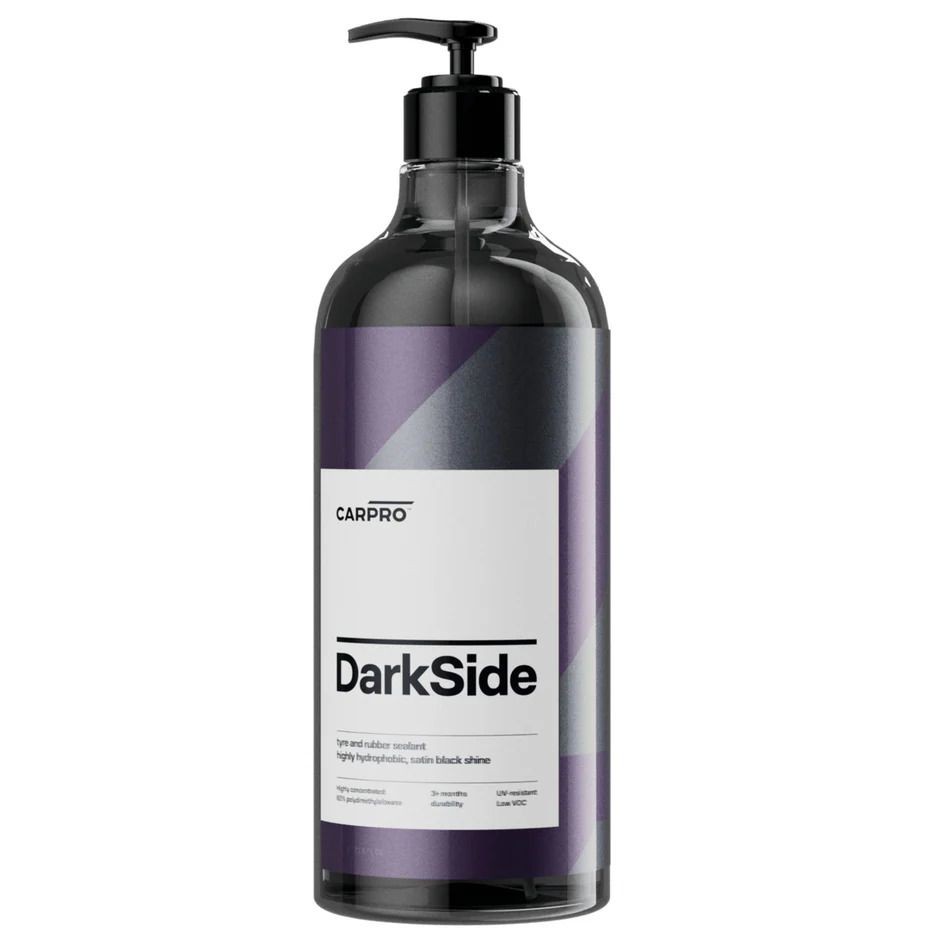 CarPro DarkSide tire and rubber sealant bottle with black pump dispenser and purple label design.