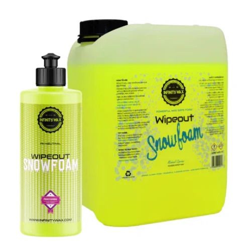 Two bottles of Wipeout Snowfoam car cleaning product, featuring vibrant yellow labels.