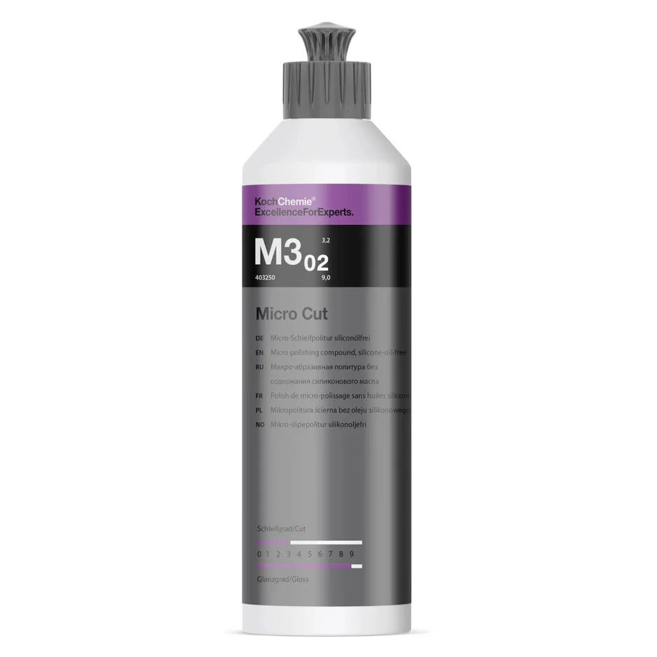 Bottle of Koch Chemie Micro Cut M3.02 polishing compound with purple and black label.