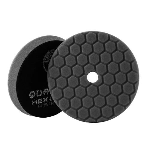 Two black foam buffing pads with hexagonal patterns, used for polishing and detailing surfaces.