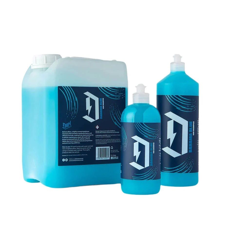 Three blue containers of cleaning solution with dark blue labels featuring a lightning bolt design.