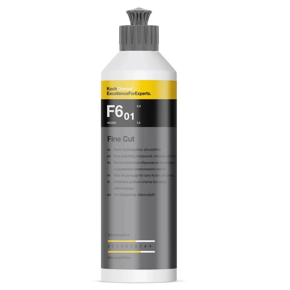 Koch Chemie F6.01 Fine Cut polishing compound bottle with gray and yellow label.