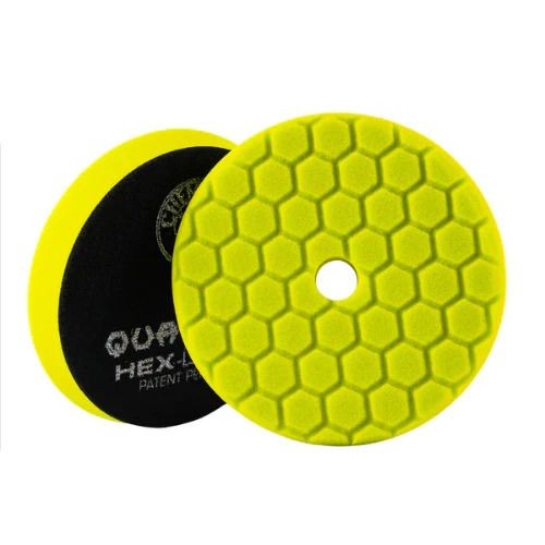 Yellow hexagonal foam pads for polishing, shown front and back, with a central hole.